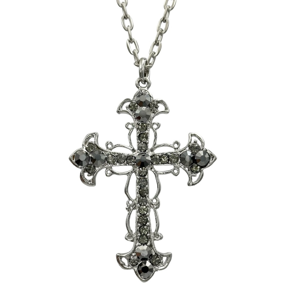 Christian Cross Hematite Grey Mix Rhinestone Large Pendant Silver Tone Necklace